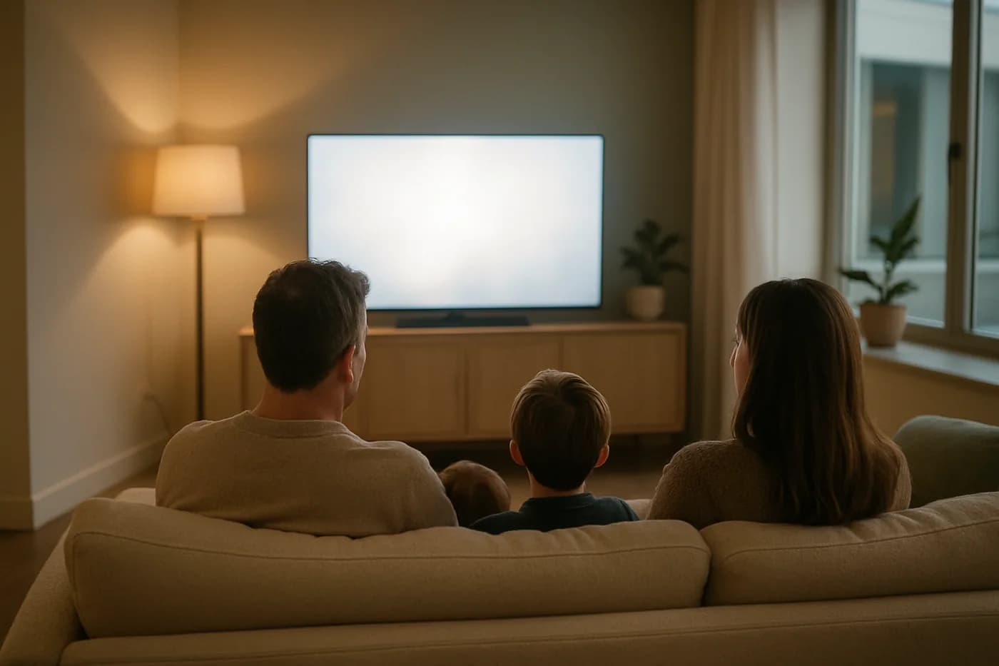 Family watching a large glowing television from a sofa in a warm evening living room
