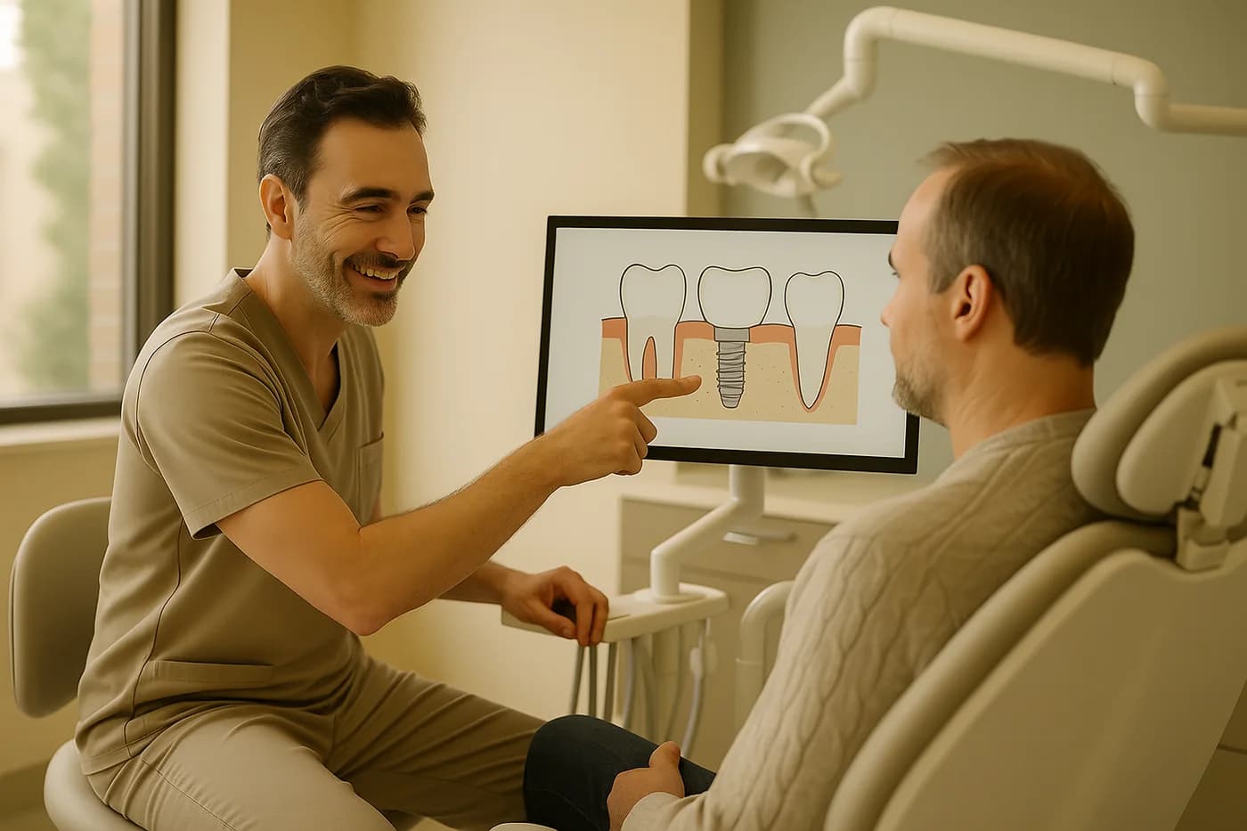 Implant dentist showing a patient a 3D dental scan chairside