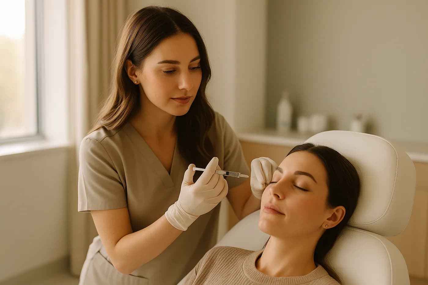 Aesthetic nurse injector performing a facial treatment in a med spa
