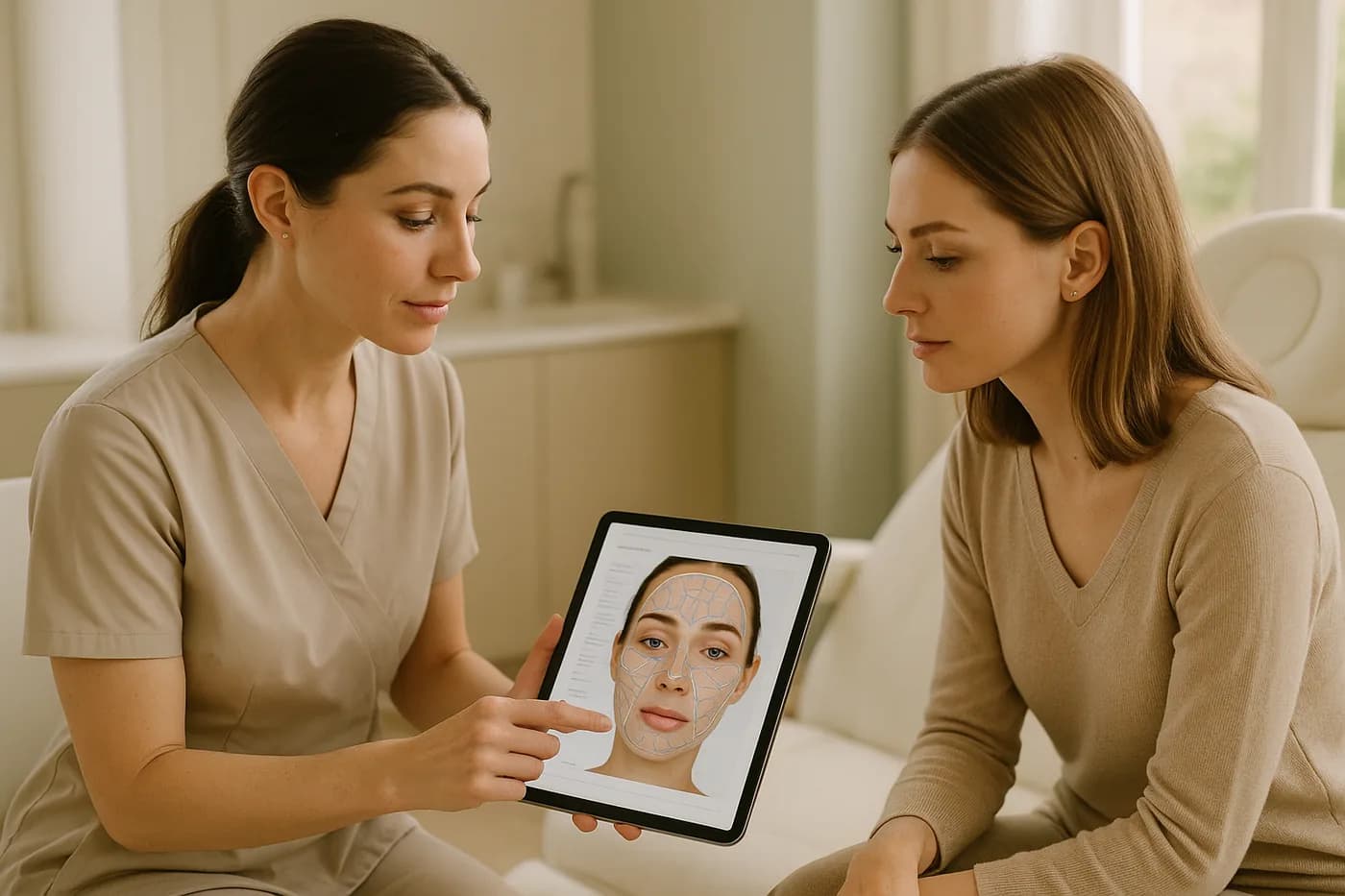 Practitioner and patient reviewing a facial skin analysis together on a tablet during an aesthetic consultation