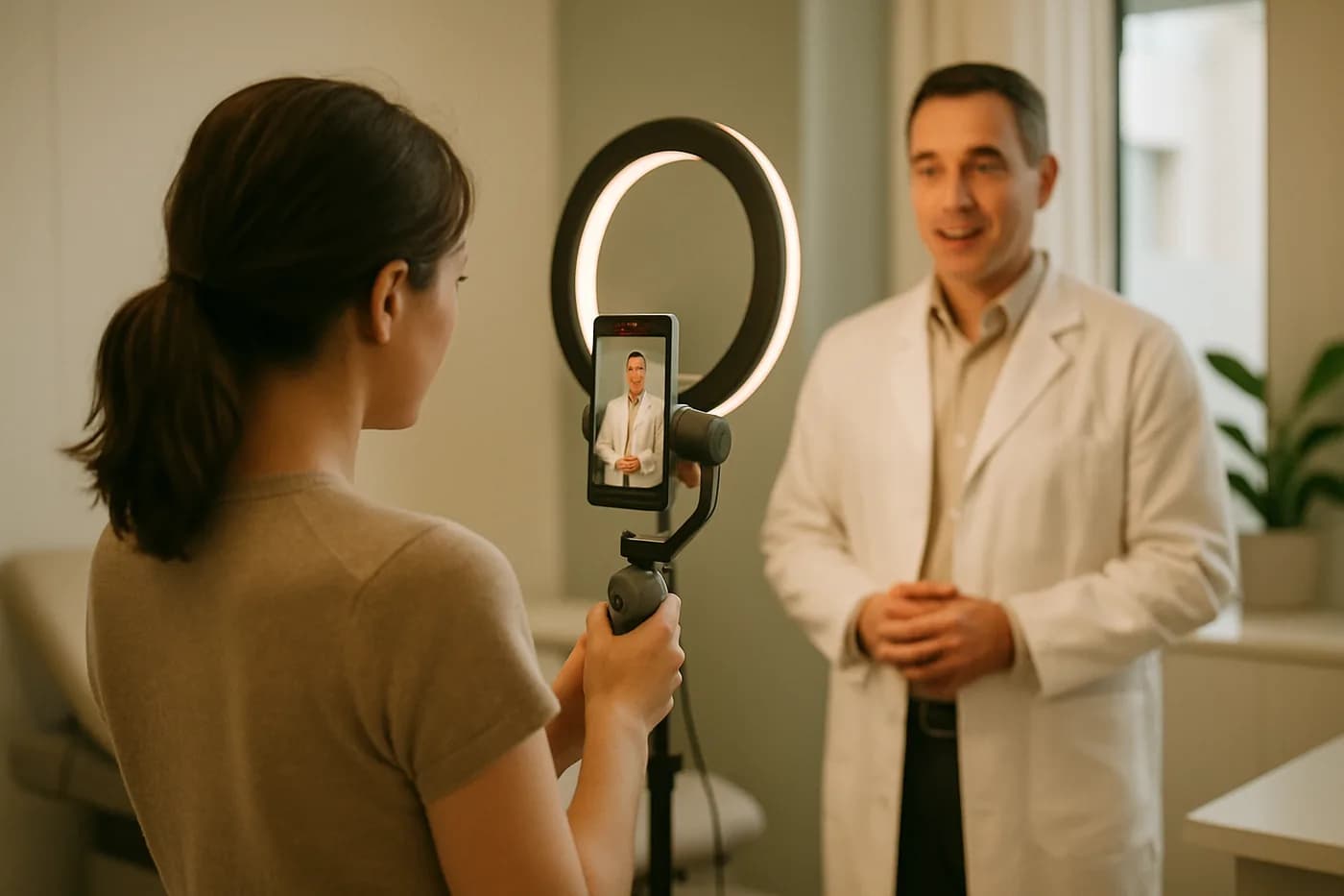 Practice staff member filming a short vertical video of a clinician with a phone on a gimbal and ring light