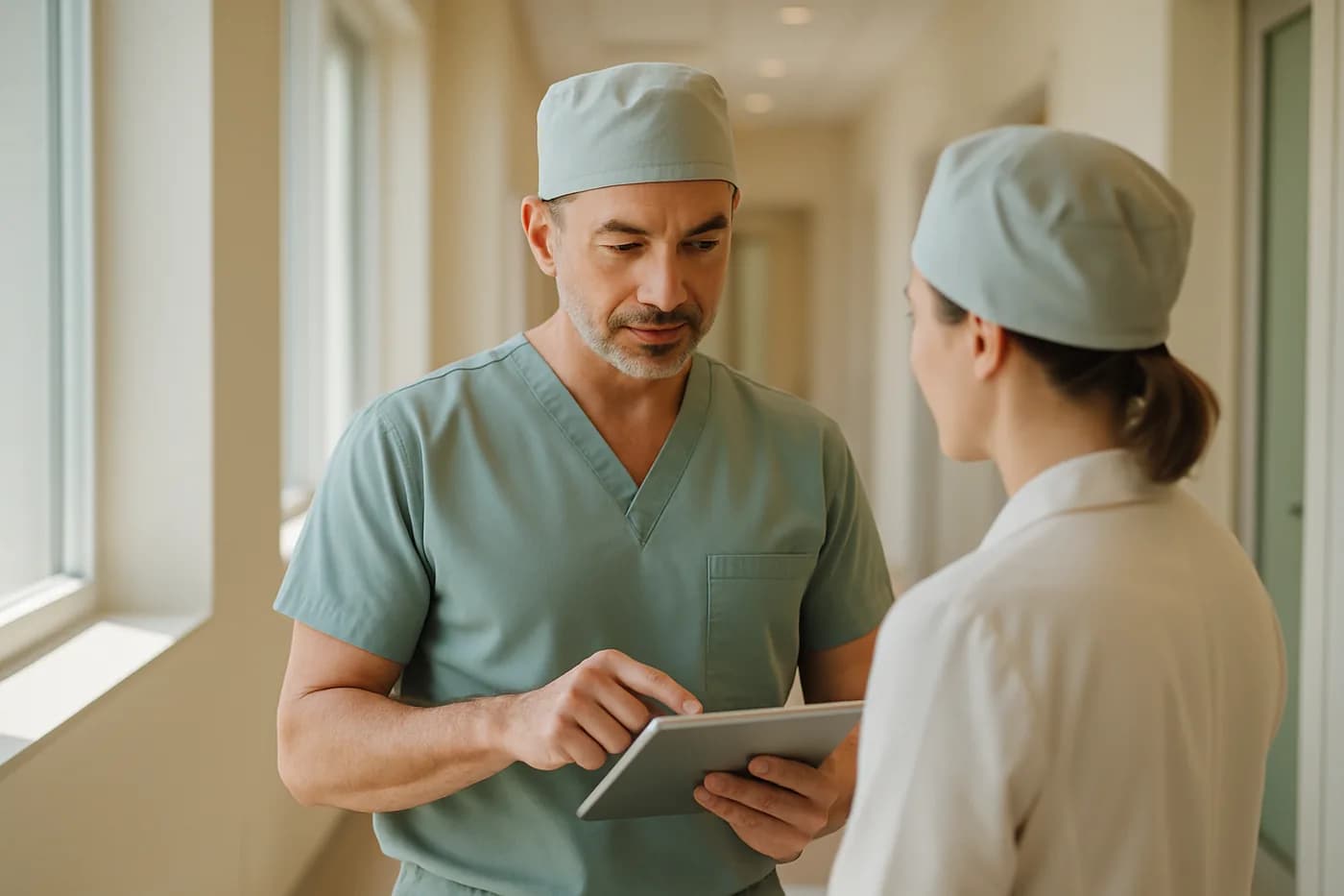 Plastic surgeon reviewing a treatment plan with a colleague