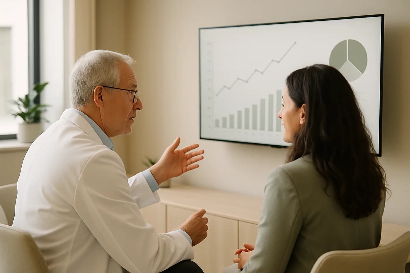 Practice owner and strategist reviewing growth charts together on a large screen
