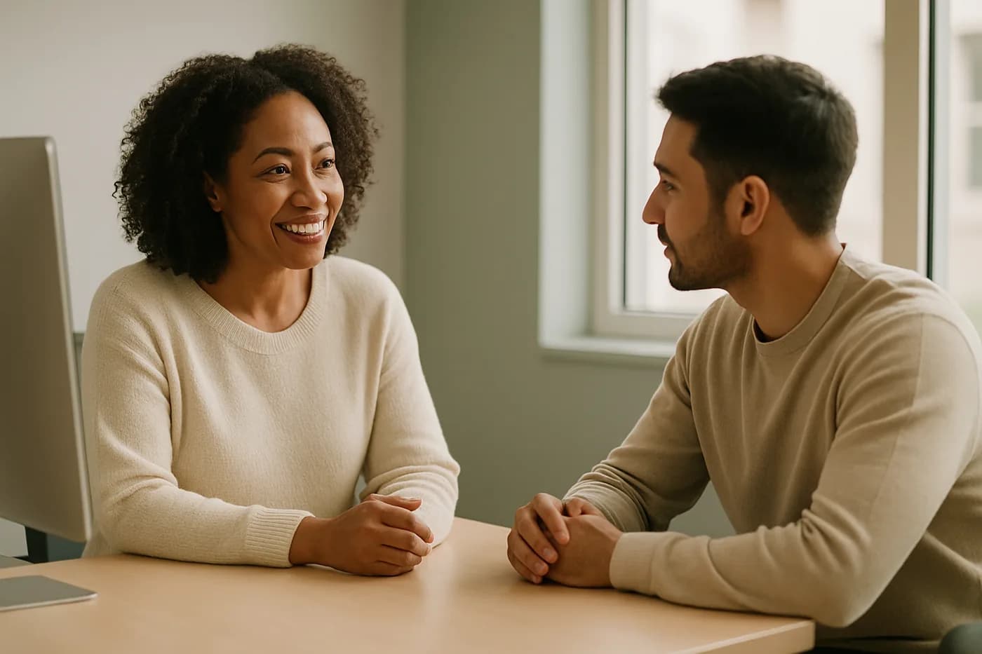 Patient counselor walking a prospective LASIK patient through vision correction options across a desk