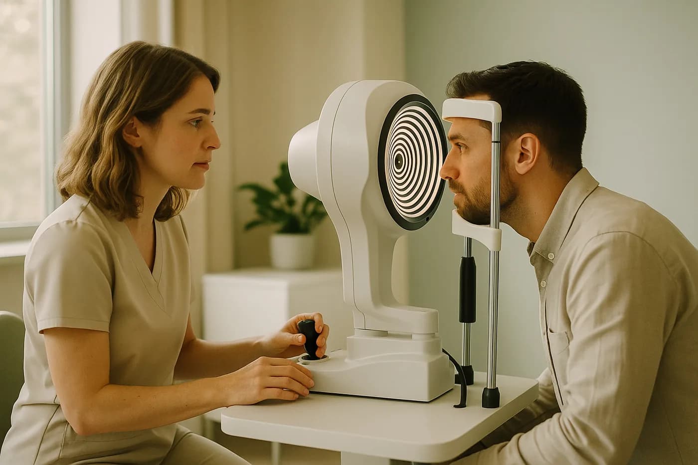 Technician performing a corneal topography exam at a refractive clinic