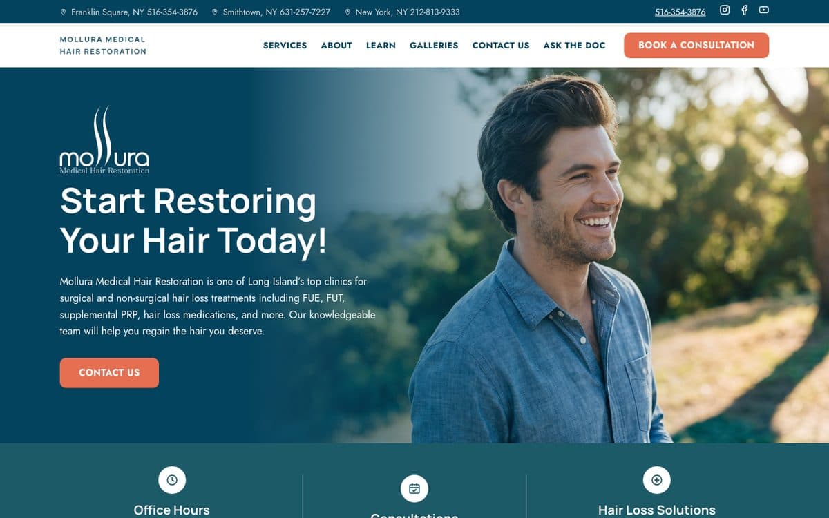 Homepage of Mollura Medical Hair Restoration, built by Vitality