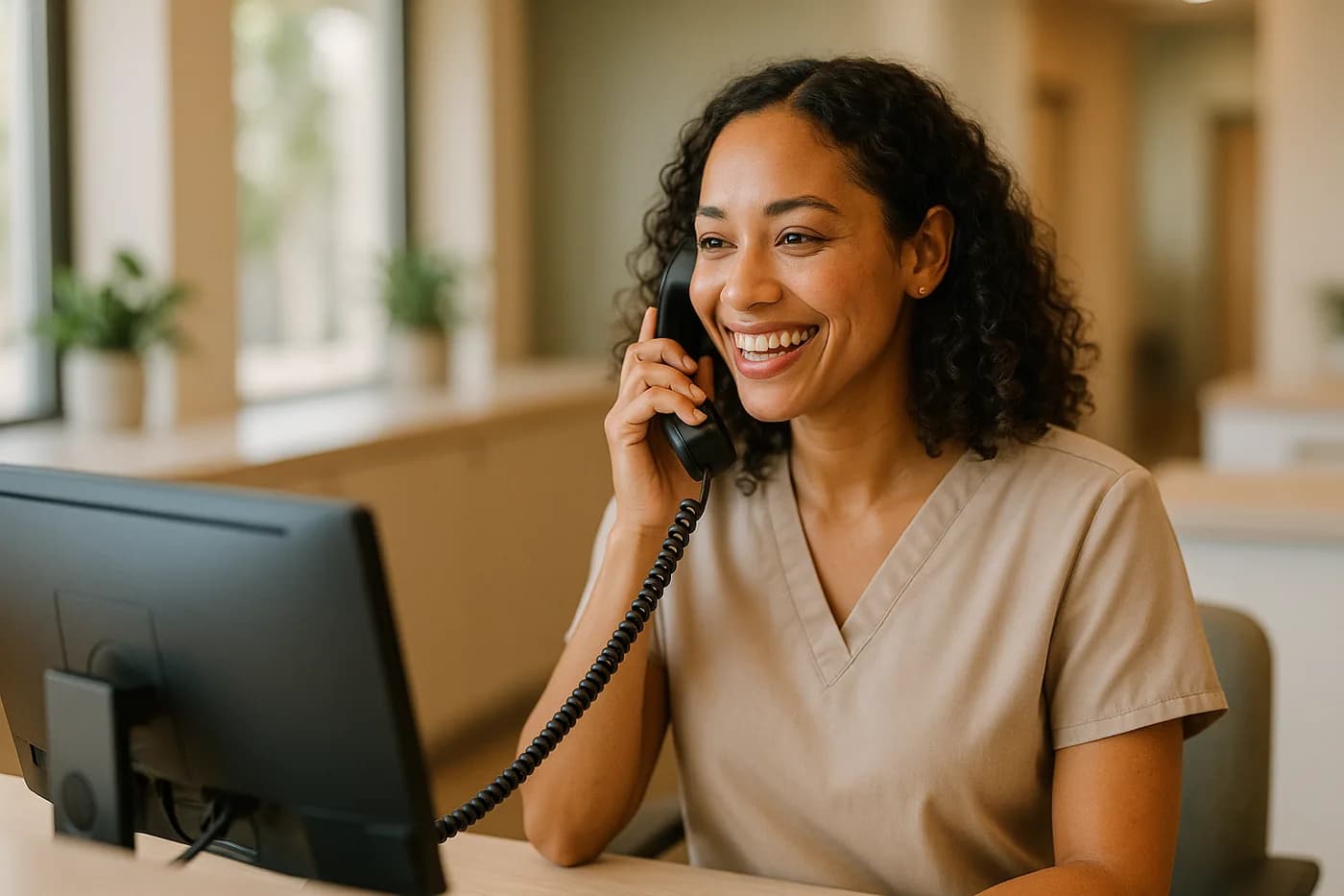A practice coordinator taking an inquiry call at the front desk