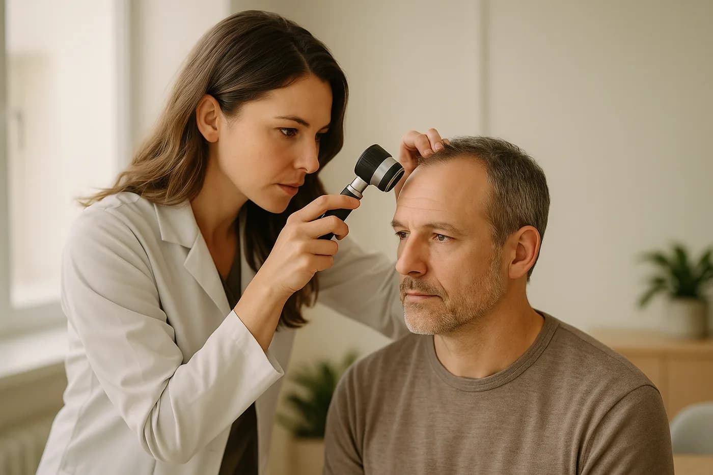 A specialist examining a patient during a hair restoration consultation
