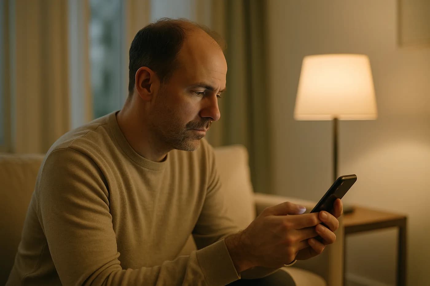 A man researching hair restoration on his phone at home
