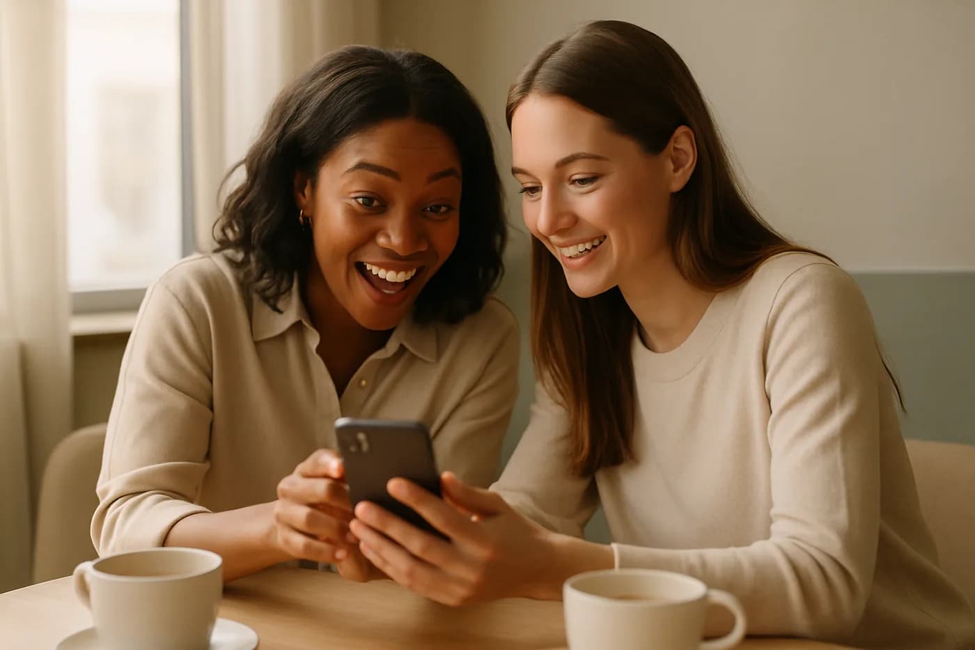 Two friends looking at a phone together, one recommending a practice