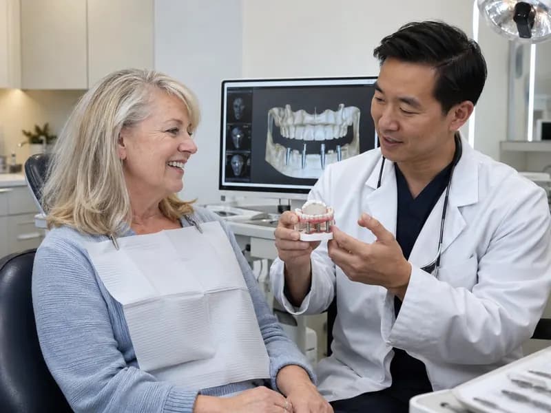 A dentist explaining a full-arch implant model to a patient