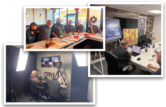The Vitality team at work in the Lindenhurst office: a strategy session at the conference-room screen, the in-house video studio, and the team together