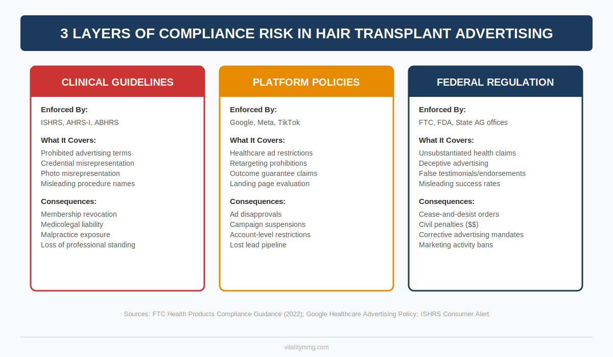 Three layers of compliance risk in hair transplant advertising from clinical guidelines to federal regulation