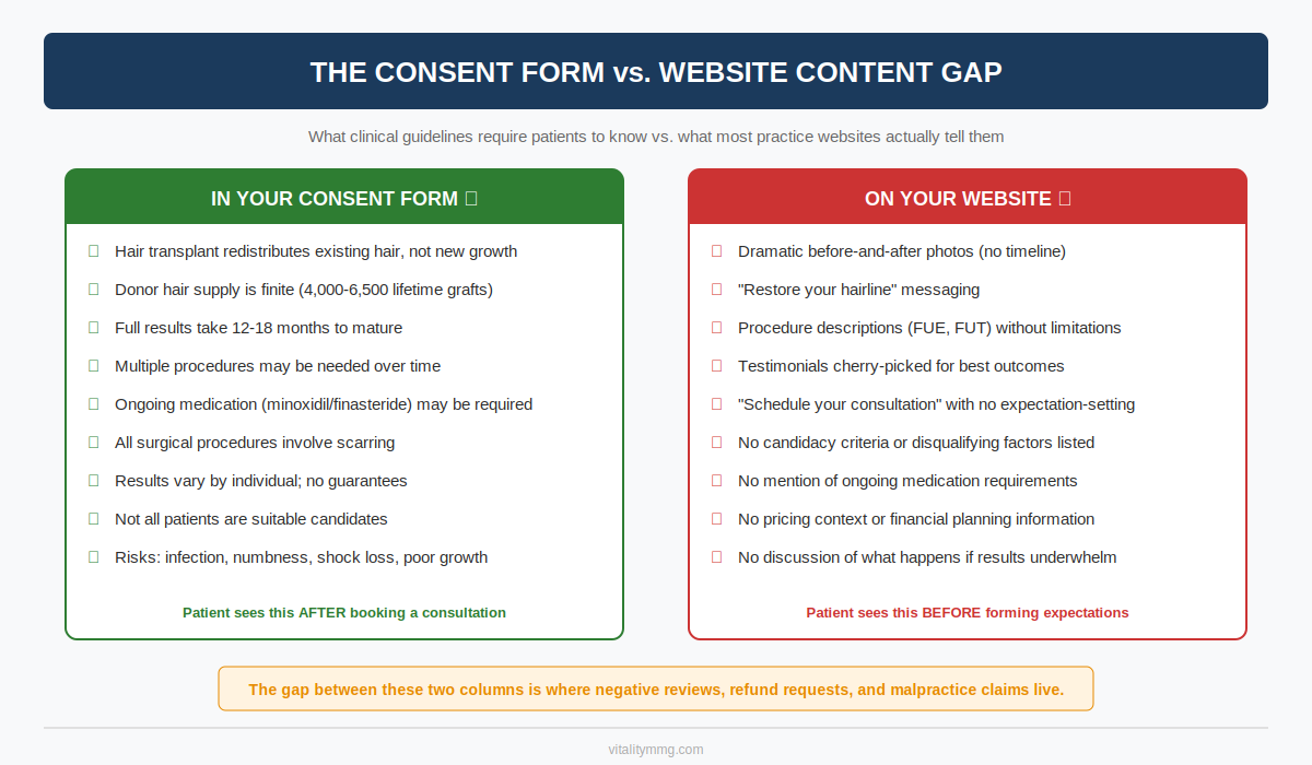 Hair restoration website content gap showing what consent forms cover versus what practice websites actually show