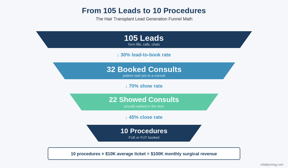 Hair transplant lead generation funnel showing 105 leads converting to 32 booked consults, 22 showed consults, and 10 procedures
