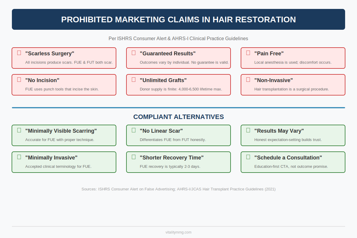 Hair transplant marketing compliance chart showing prohibited and compliant advertising phrases