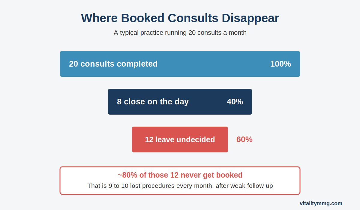 Plastic surgery consult follow-up funnel showing 80% of undecided consults never get booked