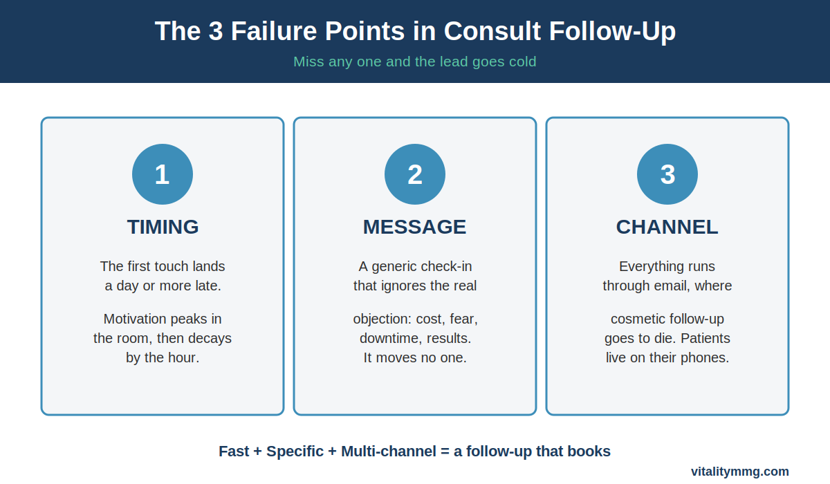 The three failure points in consult follow-up: timing, message content, and channel mismatch
