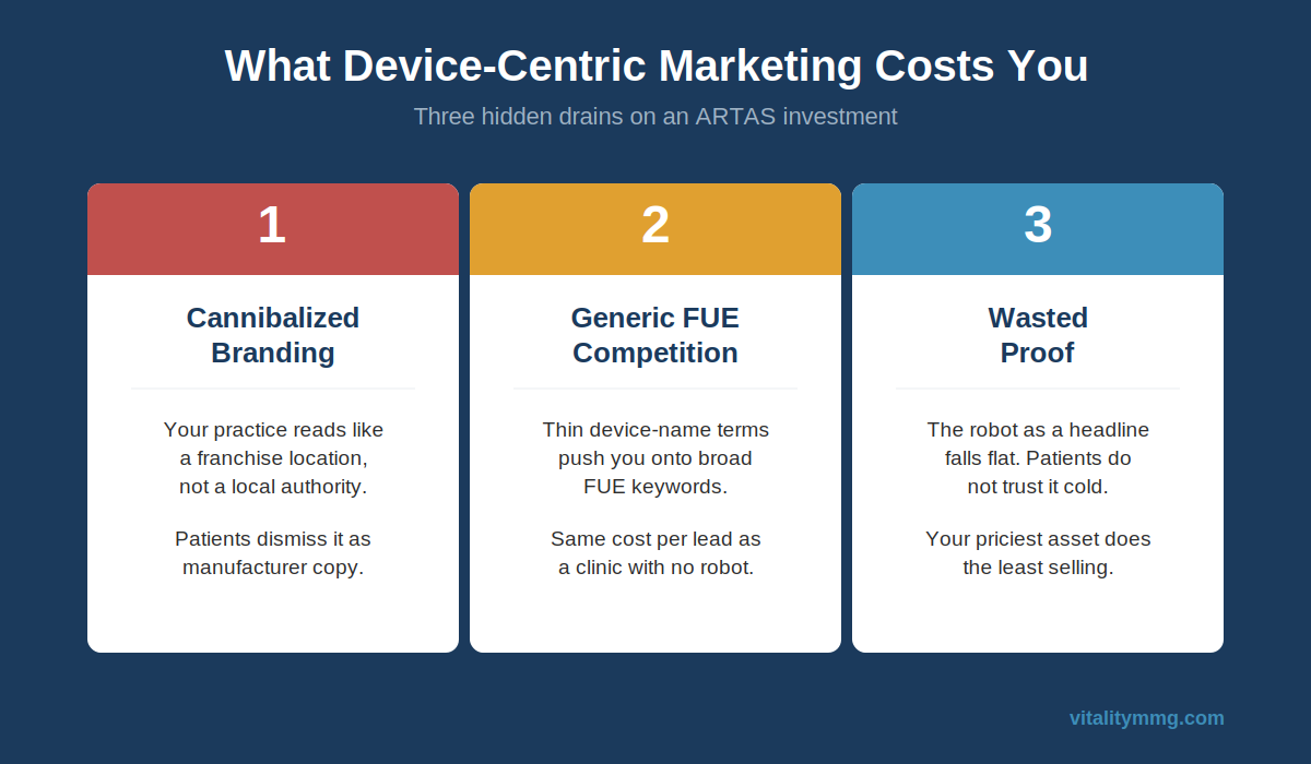 Three hidden costs of device-centric ARTAS marketing: cannibalized branding, generic FUE competition, wasted proof