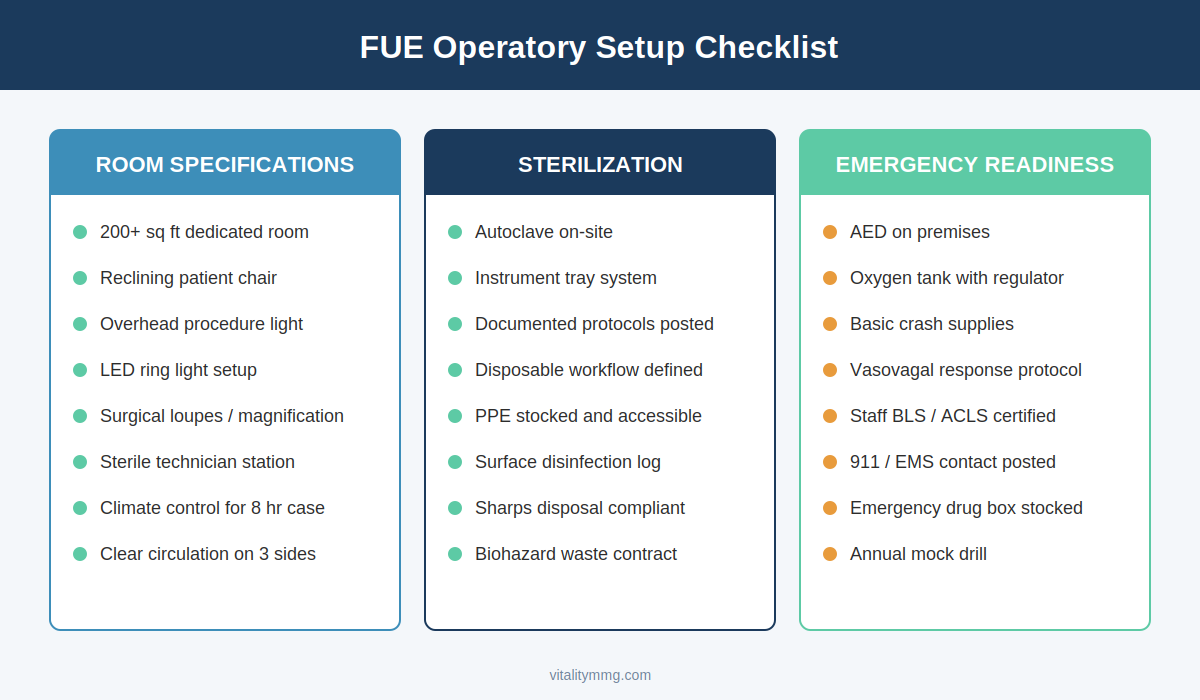 Checklist of operatory requirements when you add FUE to your practice covering room specifications, sterilization, and emergency readiness
