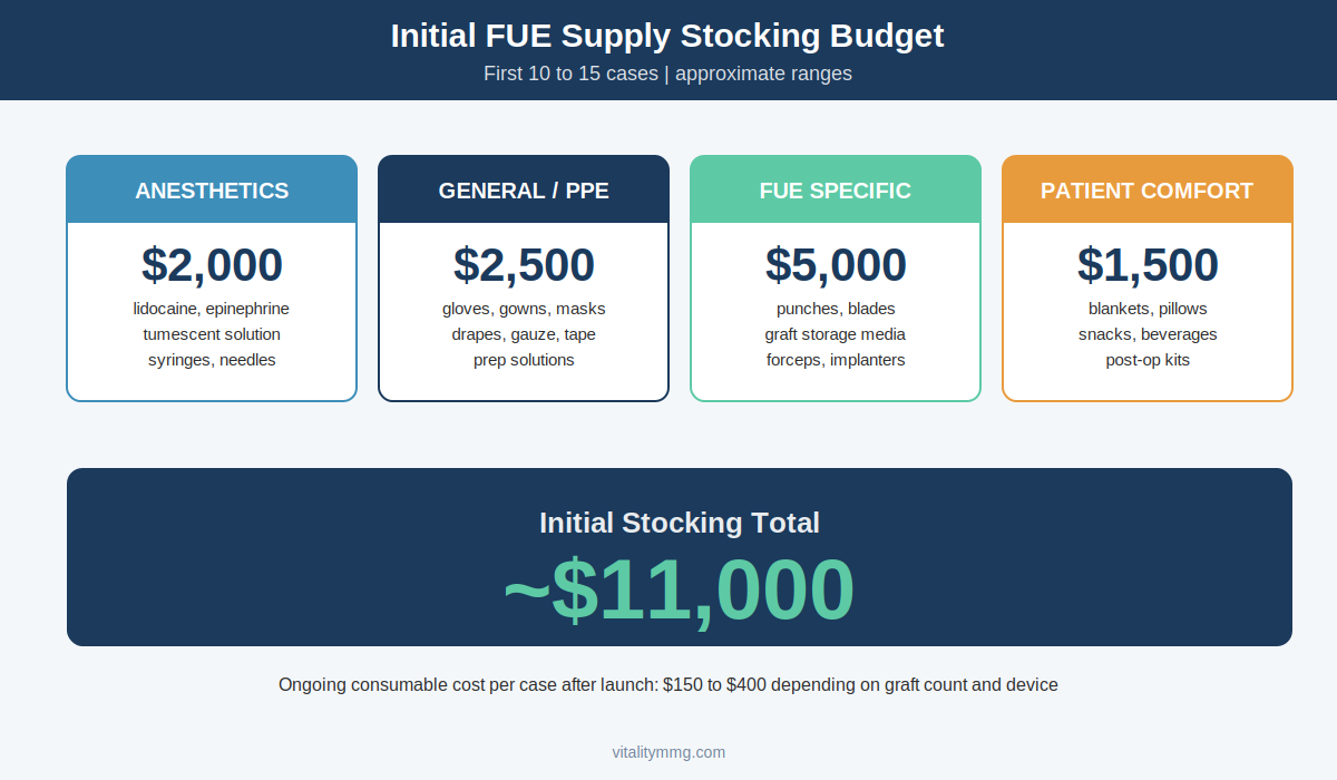 FUE consumables and capital equipment stocking budget overview totaling approximately $11,000 for initial 10 to 15 cases