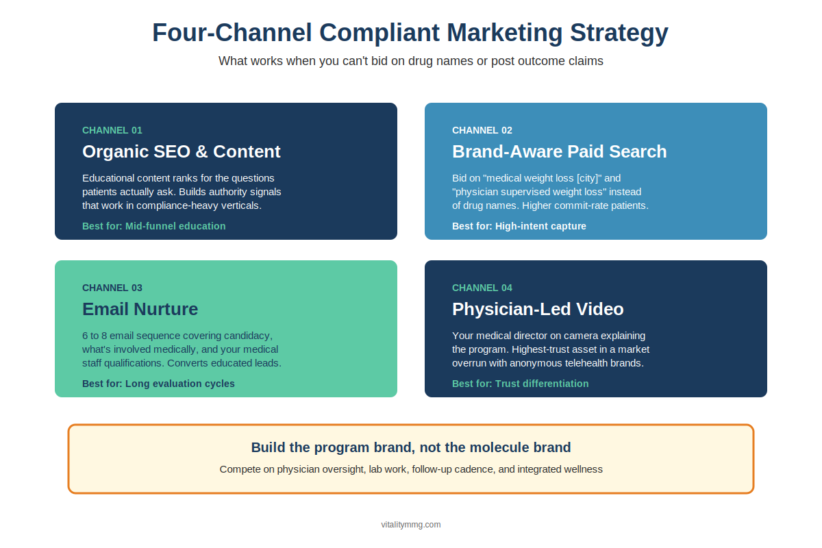 Four-Channel Compliant Marketing Strategy Compliant GLP-1 marketing channel strategy showing organic SEO, paid search, email nurture, and physician video