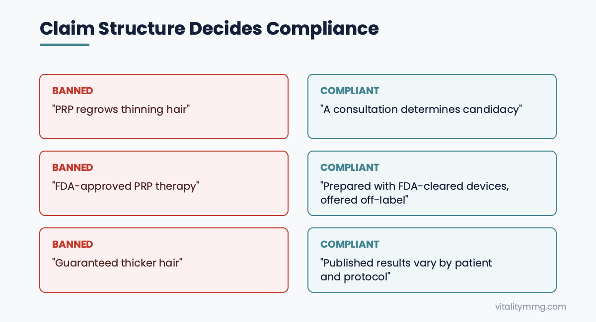 Banned versus compliant PRP ad copy examples compared side by side
