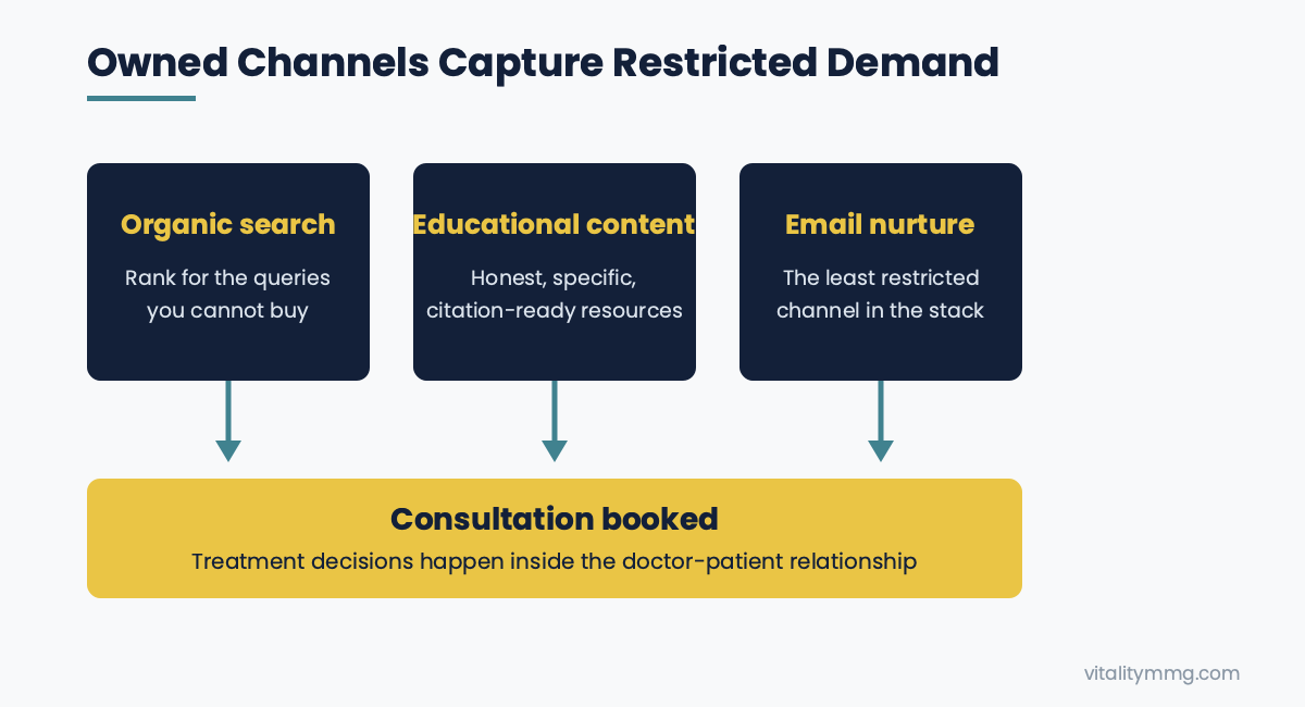 Owned marketing channels that capture PRP demand: organic search, educational content, email nurture