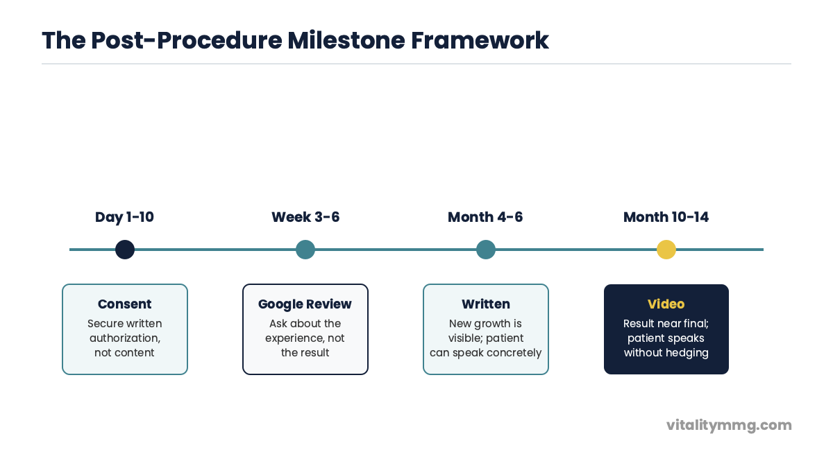 Post-procedure milestone framework timeline for asking hair transplant patients for testimonials