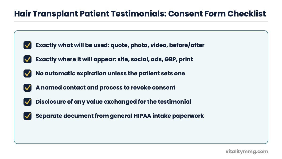 Hair transplant patient testimonials consent form checklist covering HIPAA authorization requirements