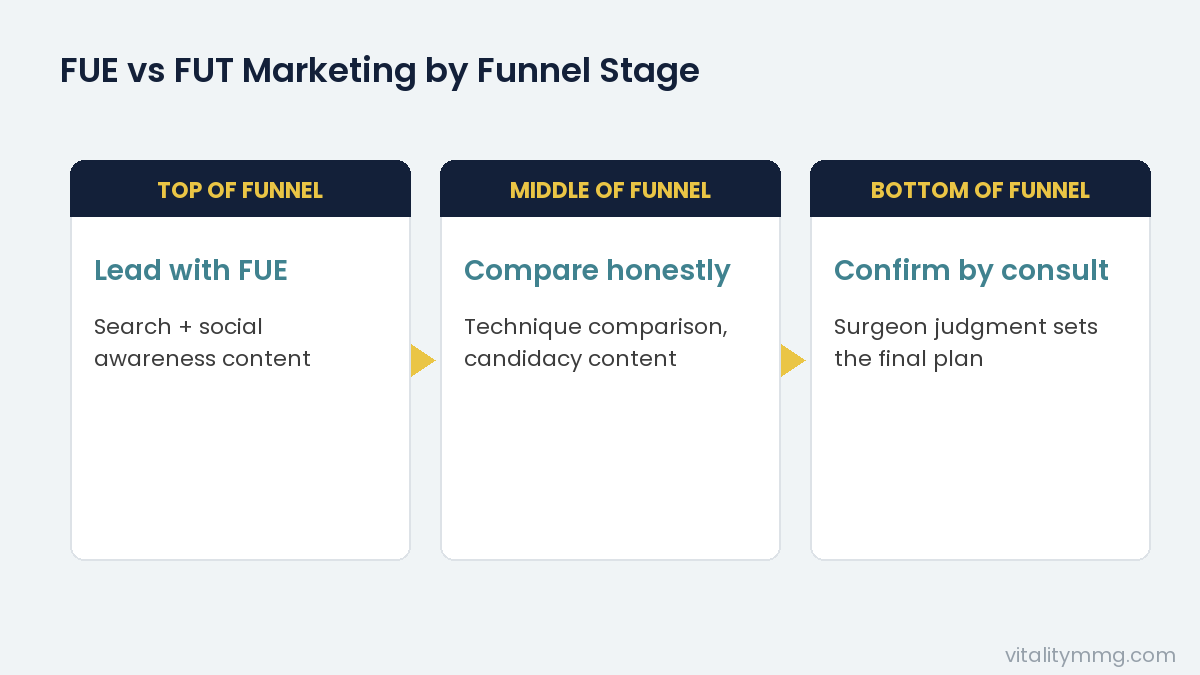 Funnel diagram for FUE and FUT hair transplant marketing messaging